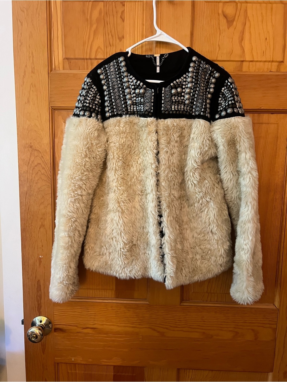 Rare Free People Embellished studded Faux Fur Jacket - Neutral